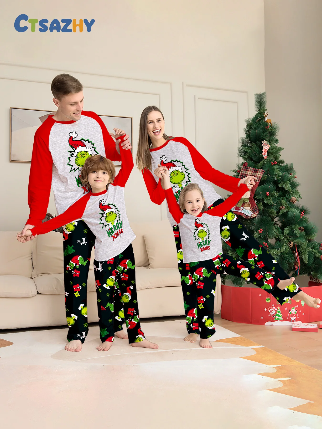 Christmas family clothing, 2-piece set of autumn and winter Christmas home wear and pajamas for a family of three