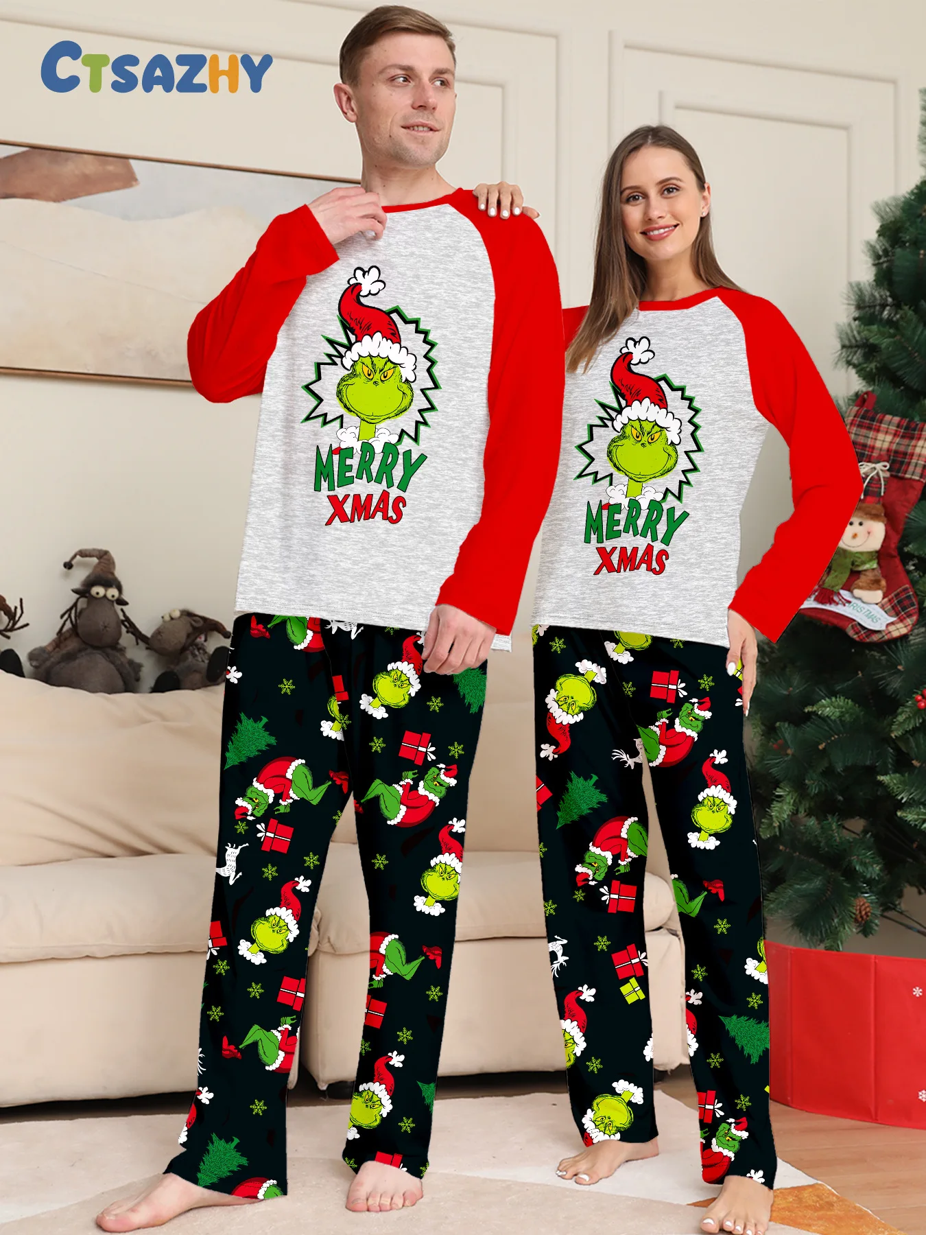 Christmas family clothing, 2-piece set of autumn and winter Christmas home wear and pajamas for a family of three