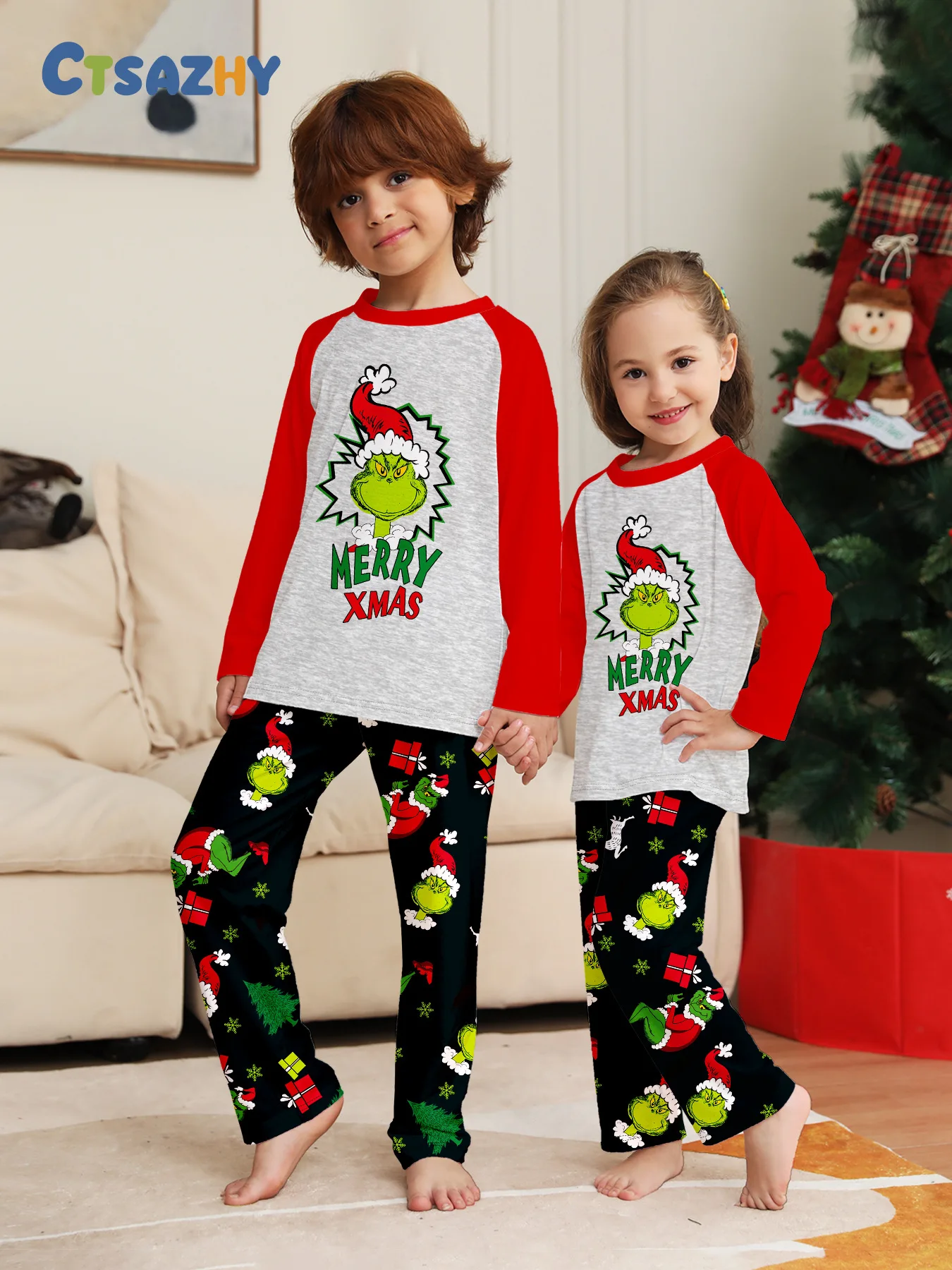 Christmas family clothing, 2-piece set of autumn and winter Christmas home wear and pajamas for a family of three