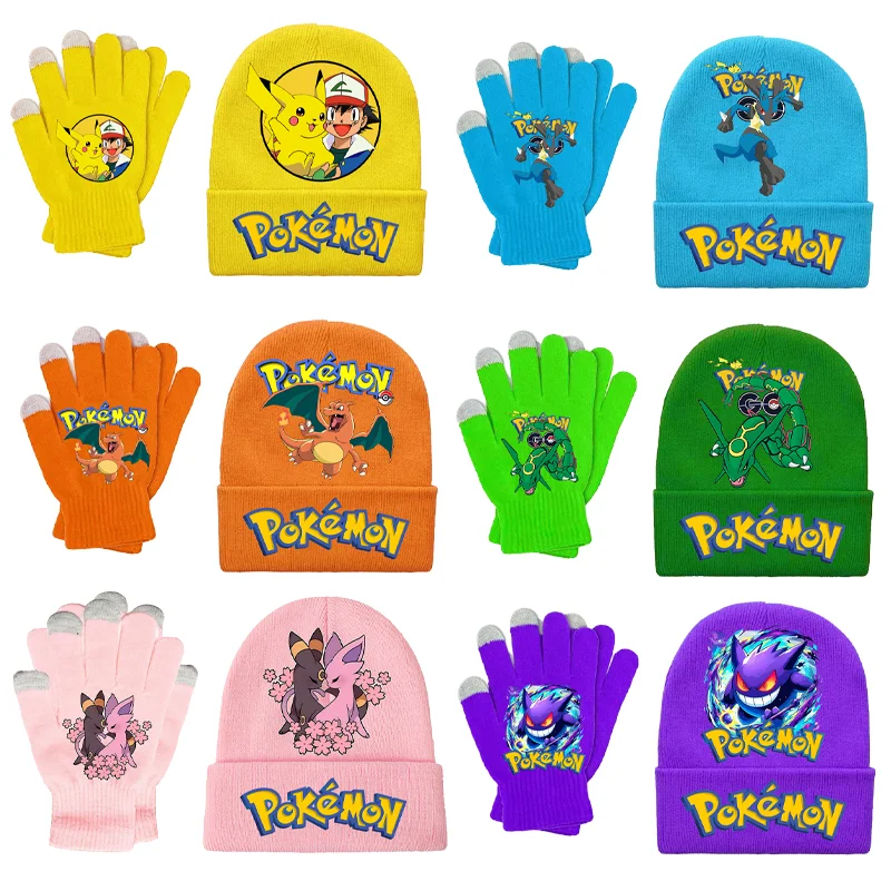 Pika Chu Knitted Hat Gloves Set Anime Pok É Mon Girl Boy Cute Cap Fashion Rayquaza Glove Child Winter Warm Accessories Gift