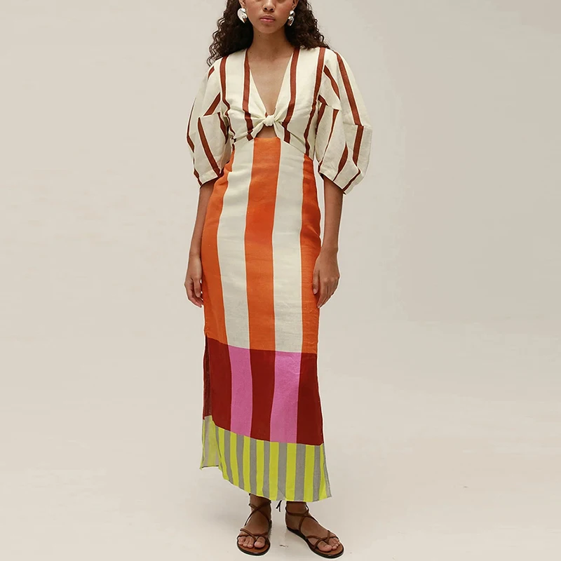 Summer Women Beach Holiday Dress Hollow Patchwork V Neck Half Sleeve Female Maxi Dress Women Casual Print Party Long Dress