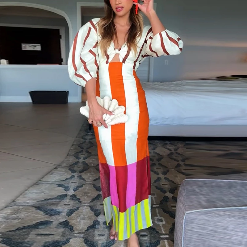 Summer Women Beach Holiday Dress Hollow Patchwork V Neck Half Sleeve Female Maxi Dress Women Casual Print Party Long Dress