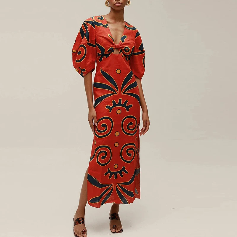 Summer Women Beach Holiday Dress Hollow Patchwork V Neck Half Sleeve Female Maxi Dress Women Casual Print Party Long Dress