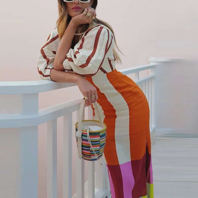 Summer Women Beach Holiday Dress Hollow Patchwork V Neck Half Sleeve Female Maxi Dress Women Casual Print Party Long Dress