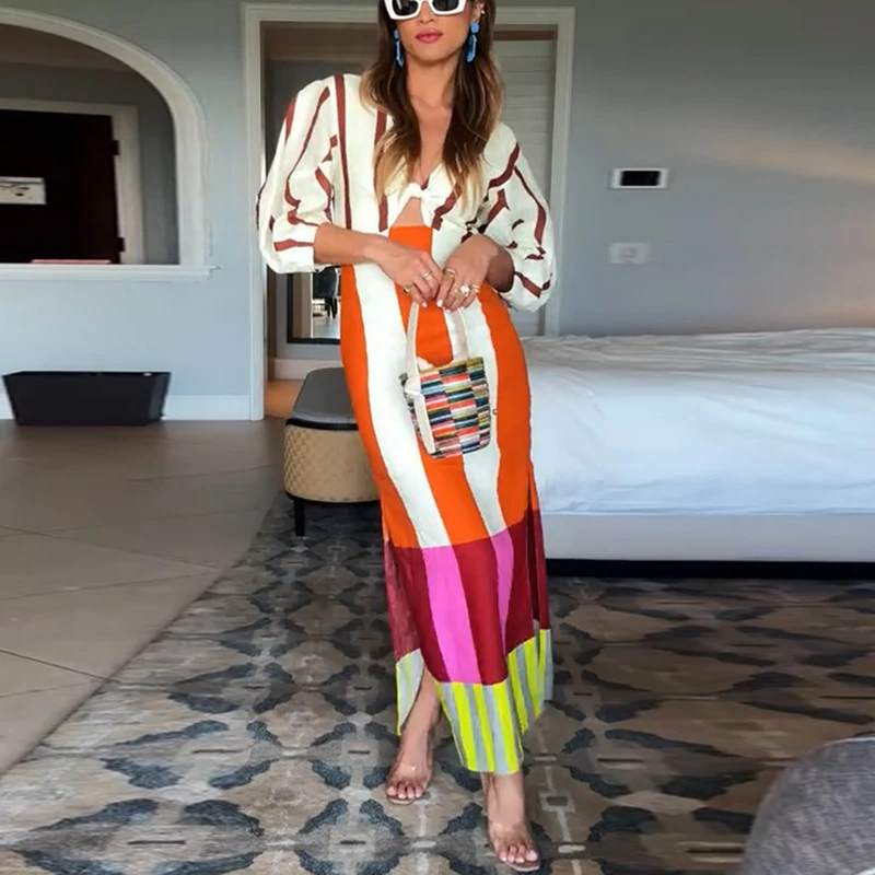 Summer Women Beach Holiday Dress Hollow Patchwork V Neck Half Sleeve Female Maxi Dress Women Casual Print Party Long Dress