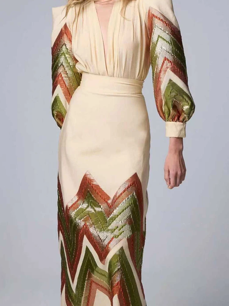 New 2026 Spring Sequined Women's Two Piece Fashion V-neck Long Sleeved Pullover Suit Casual High Waist A-line Skirt Banquet Set