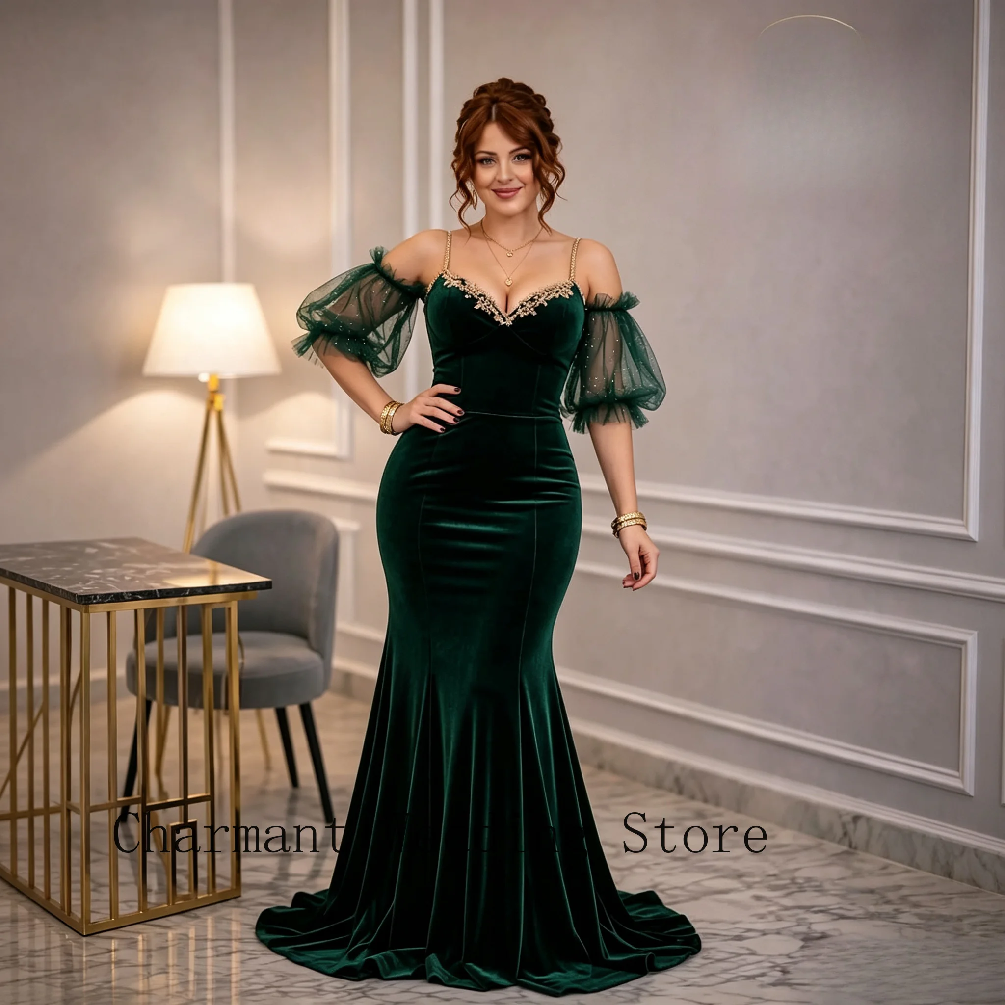 Customized Luxury Elegant Velvet Evening Gown V Neck Lace Trim Spaghetti Strap Detachable Off Shoulder Tulle Puff Sleeve