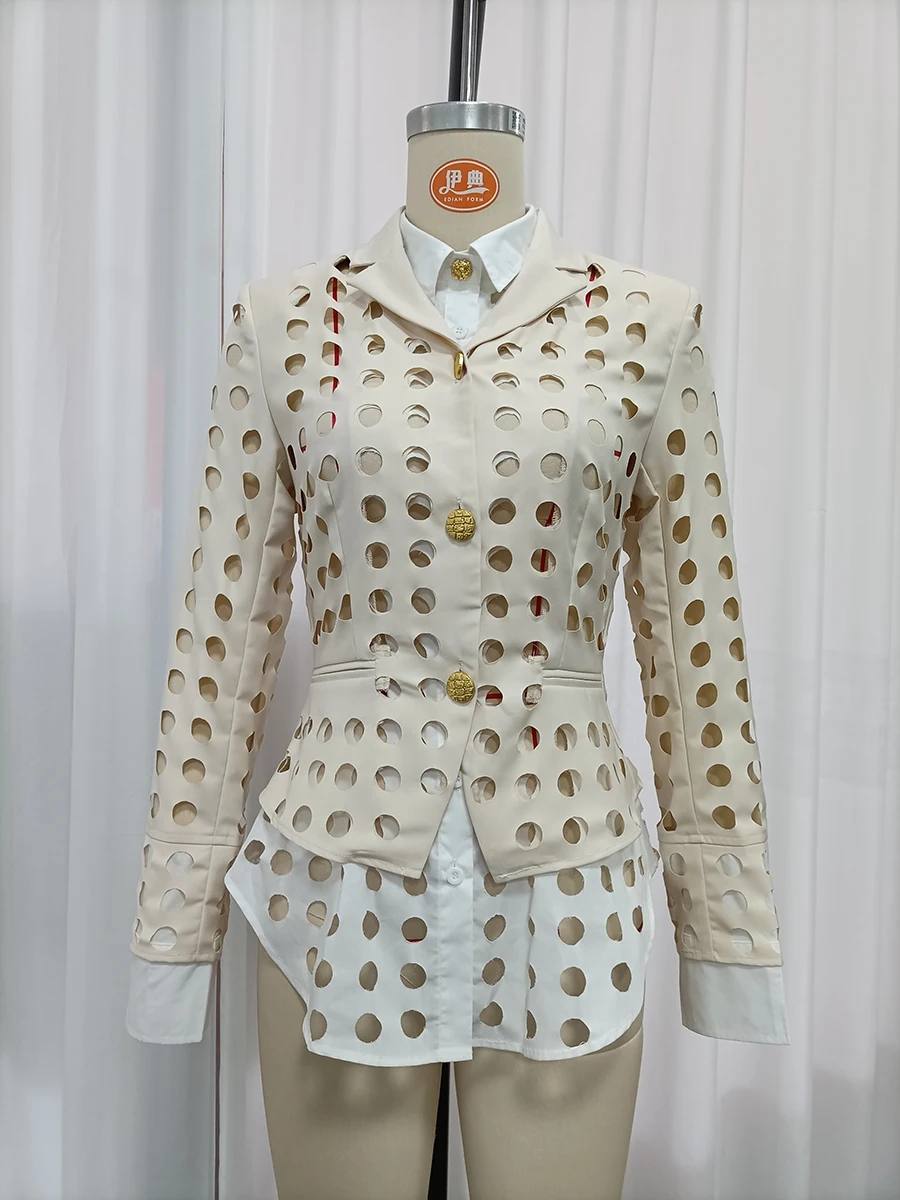 TWOTWINSTYLE Modern Hollow Out Jackets Women Lapel Neck Long Sleeve Gold Ornament Buttons Loose Jacket Streetwear Fashion New
