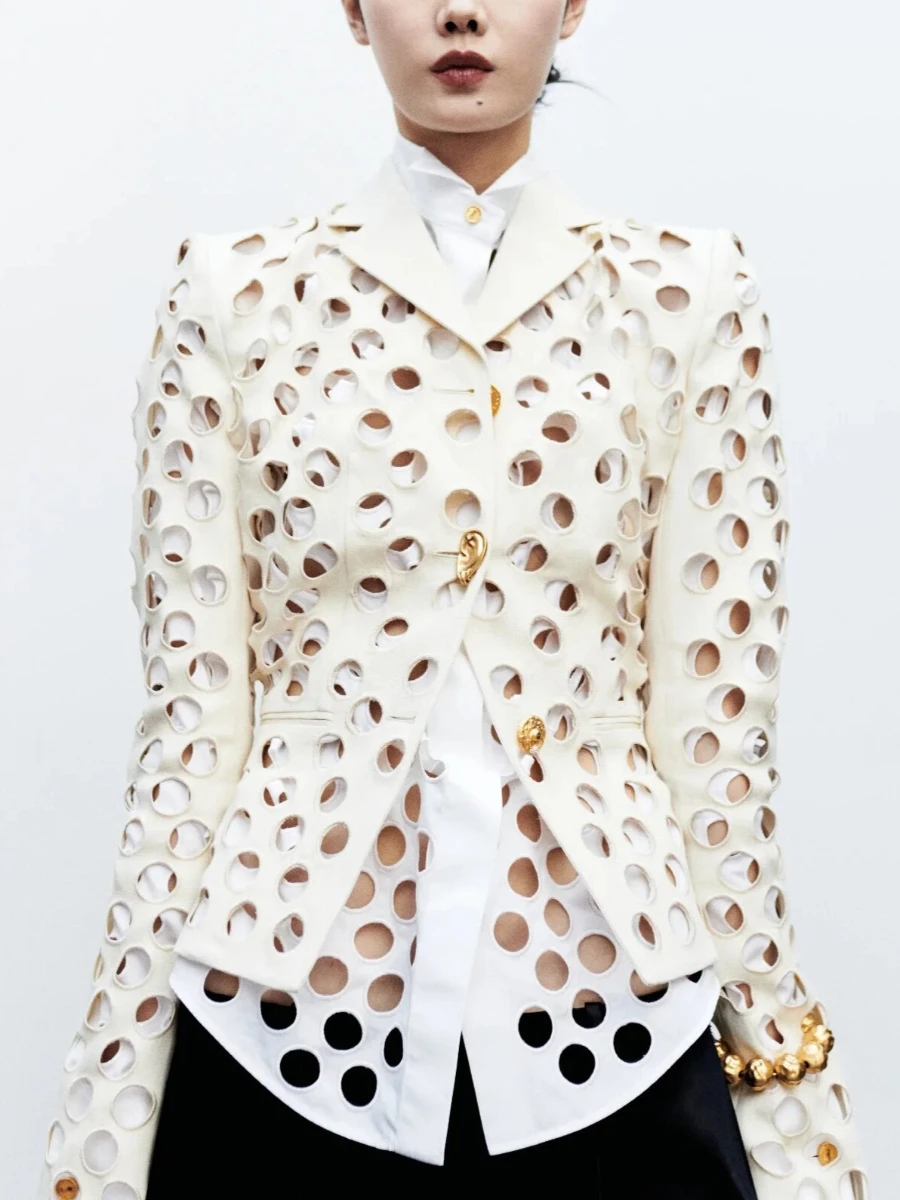 TWOTWINSTYLE Modern Hollow Out Jackets Women Lapel Neck Long Sleeve Gold Ornament Buttons Loose Jacket Streetwear Fashion New