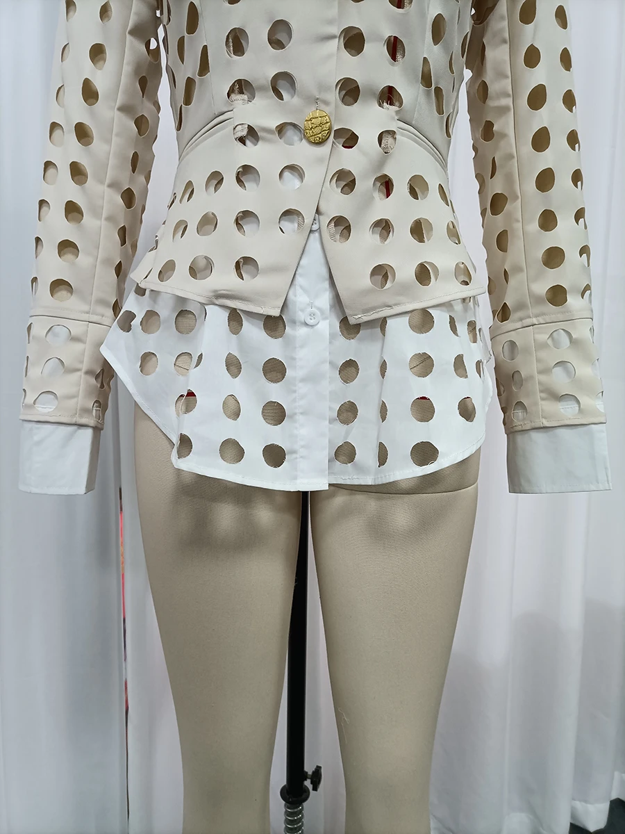 TWOTWINSTYLE Modern Hollow Out Jackets Women Lapel Neck Long Sleeve Gold Ornament Buttons Loose Jacket Streetwear Fashion New
