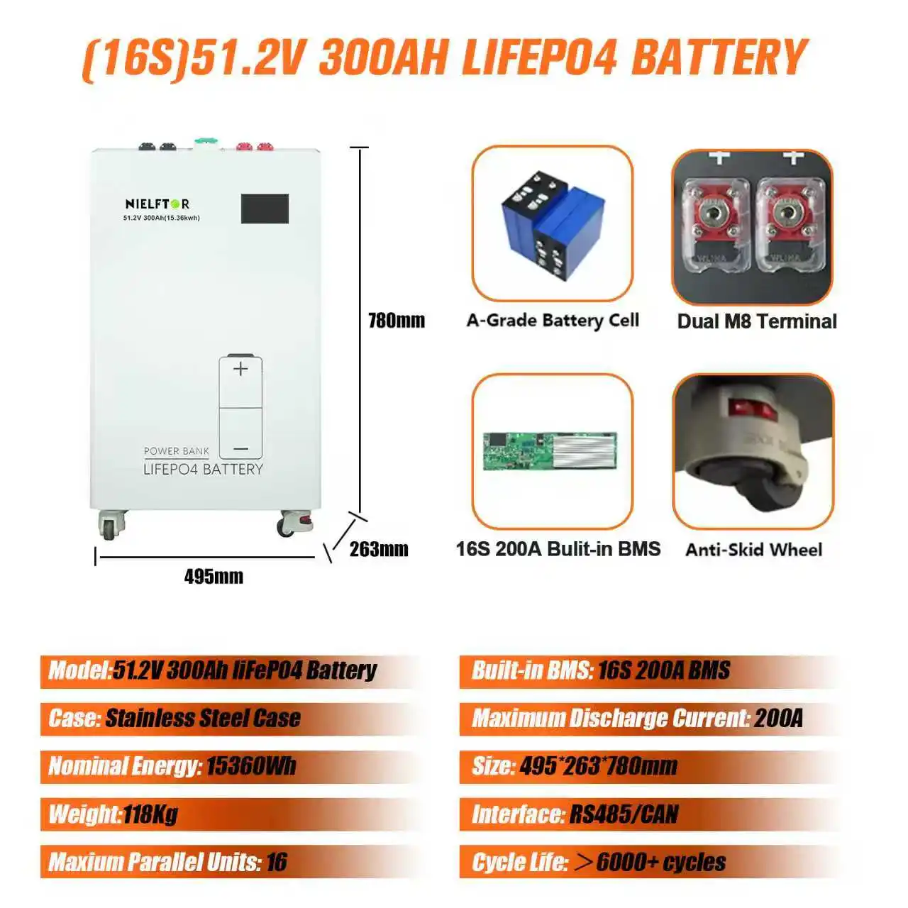 LiFePO4 48V 900Ah Lithium Battery with WiFi&Bluetooth 51.2V 100Ah 200Ah 300Ah 600Ah Solar Battery for Off-Grid RV Solar No Tax