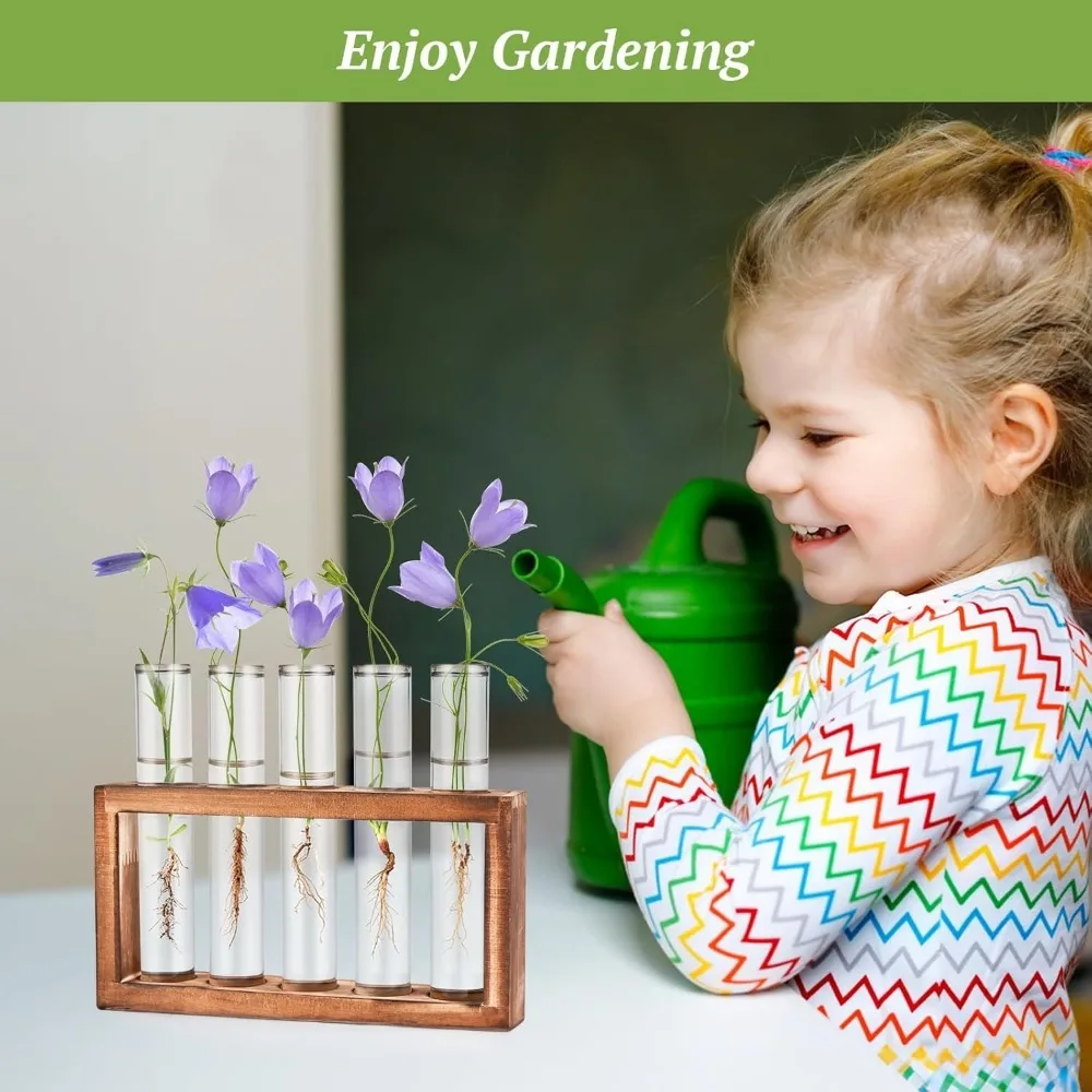 Wall Hanging Hydroponic Plant Propagation Glass Vase Transparent Tubes Vase  with Wooden Desktop Home Office Garde Decoration