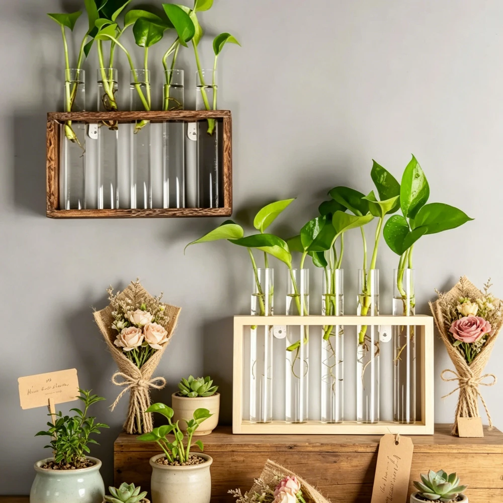 Wall Hanging Hydroponic Plant Propagation Glass Vase Transparent Tubes Vase  with Wooden Desktop Home Office Garde Decoration