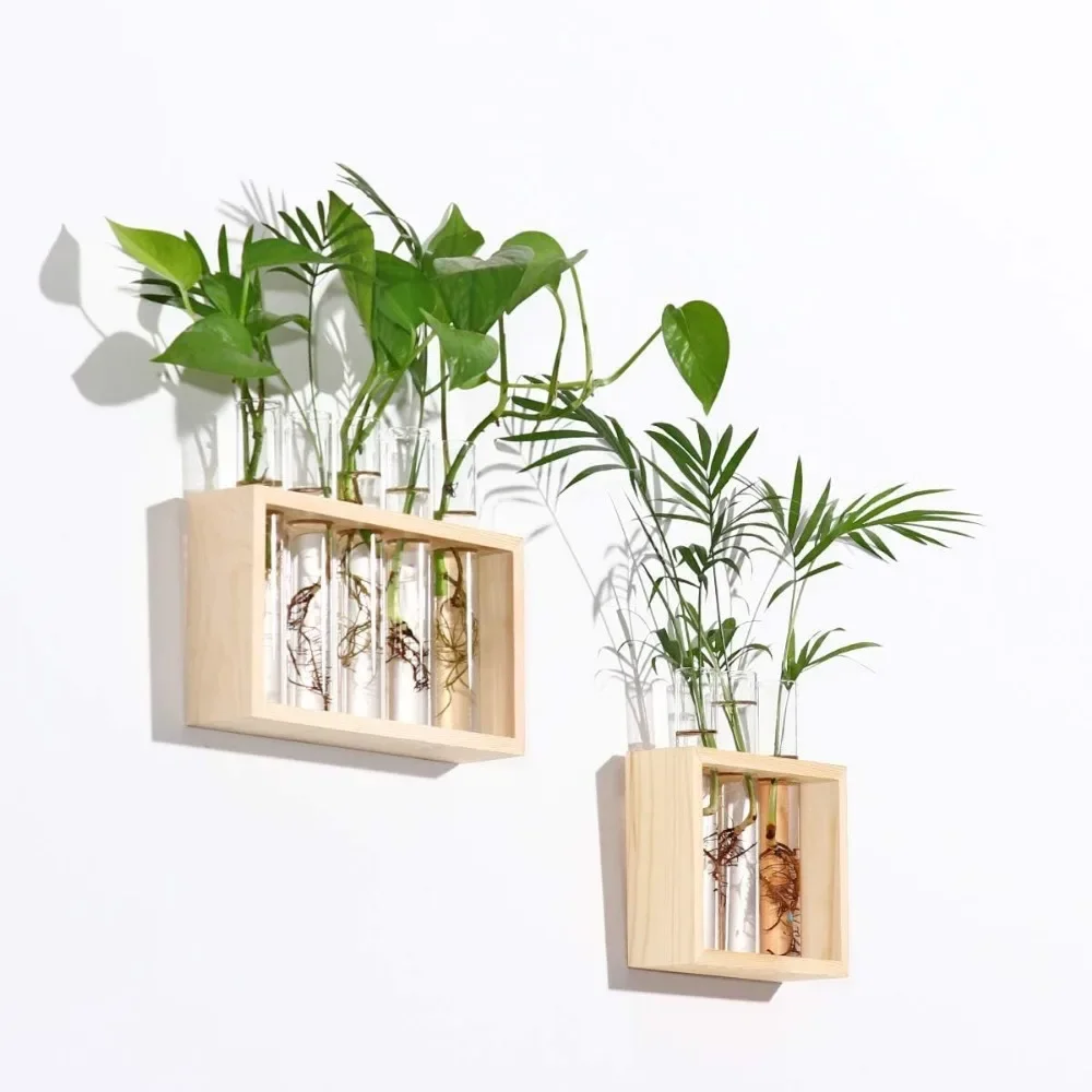 Wall Hanging Hydroponic Plant Propagation Glass Vase Transparent Tubes Vase  with Wooden Desktop Home Office Garde Decoration