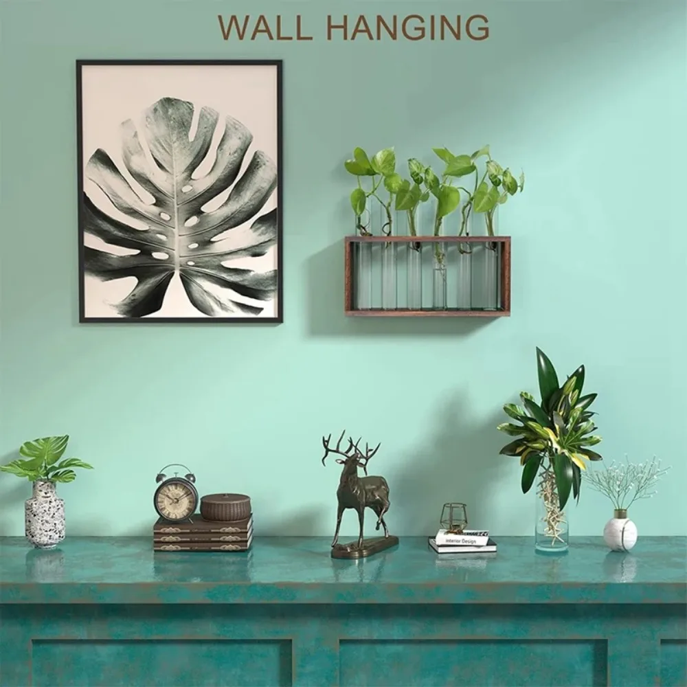 Wall Hanging Hydroponic Plant Propagation Glass Vase Transparent Tubes Vase  with Wooden Desktop Home Office Garde Decoration