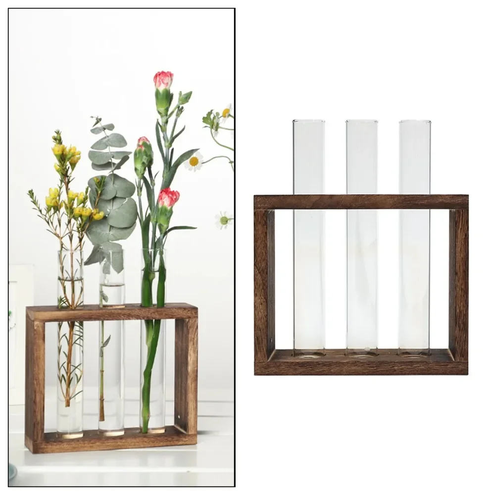 Wall Hanging Hydroponic Plant Propagation Glass Vase Transparent Tubes Vase  with Wooden Desktop Home Office Garde Decoration