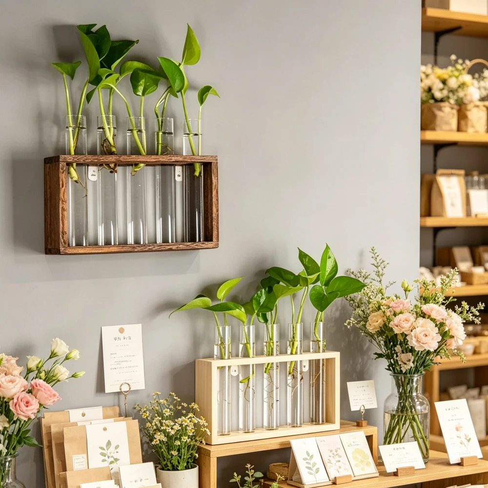 Wall Hanging Hydroponic Plant Propagation Glass Vase Transparent Tubes Vase  with Wooden Desktop Home Office Garde Decoration