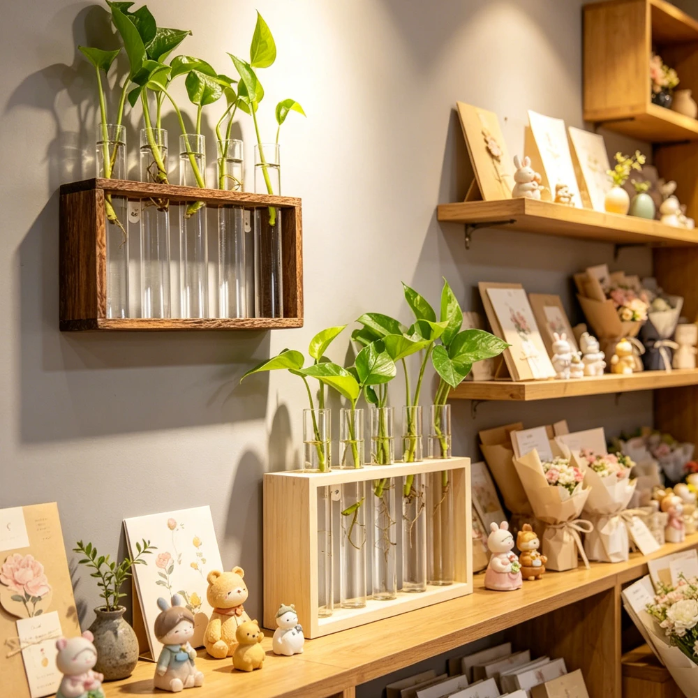 Wall Hanging Hydroponic Plant Propagation Glass Vase Transparent Tubes Vase  with Wooden Desktop Home Office Garde Decoration