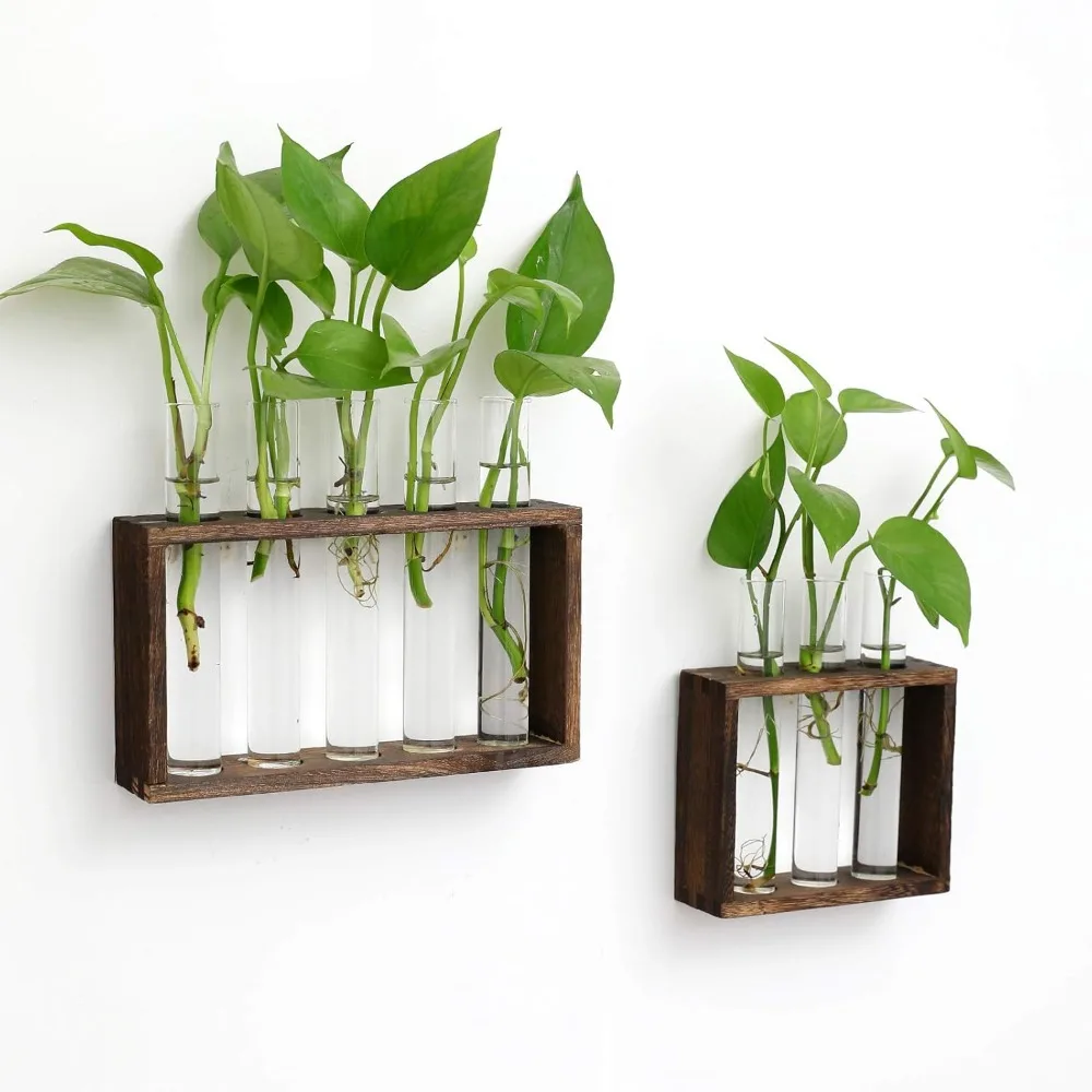 Wall Hanging Hydroponic Plant Propagation Glass Vase Transparent Tubes Vase  with Wooden Desktop Home Office Garde Decoration
