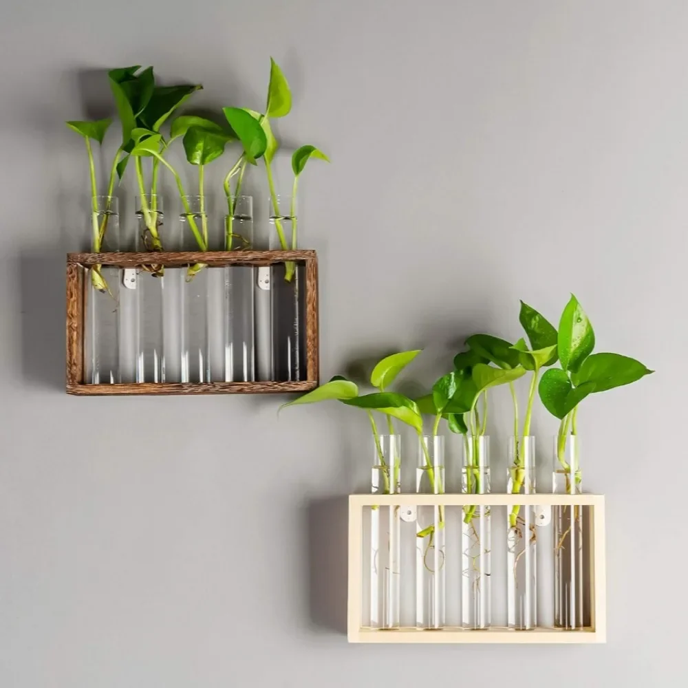 Wall Hanging Hydroponic Plant Propagation Glass Vase Transparent Tubes Vase  with Wooden Desktop Home Office Garde Decoration