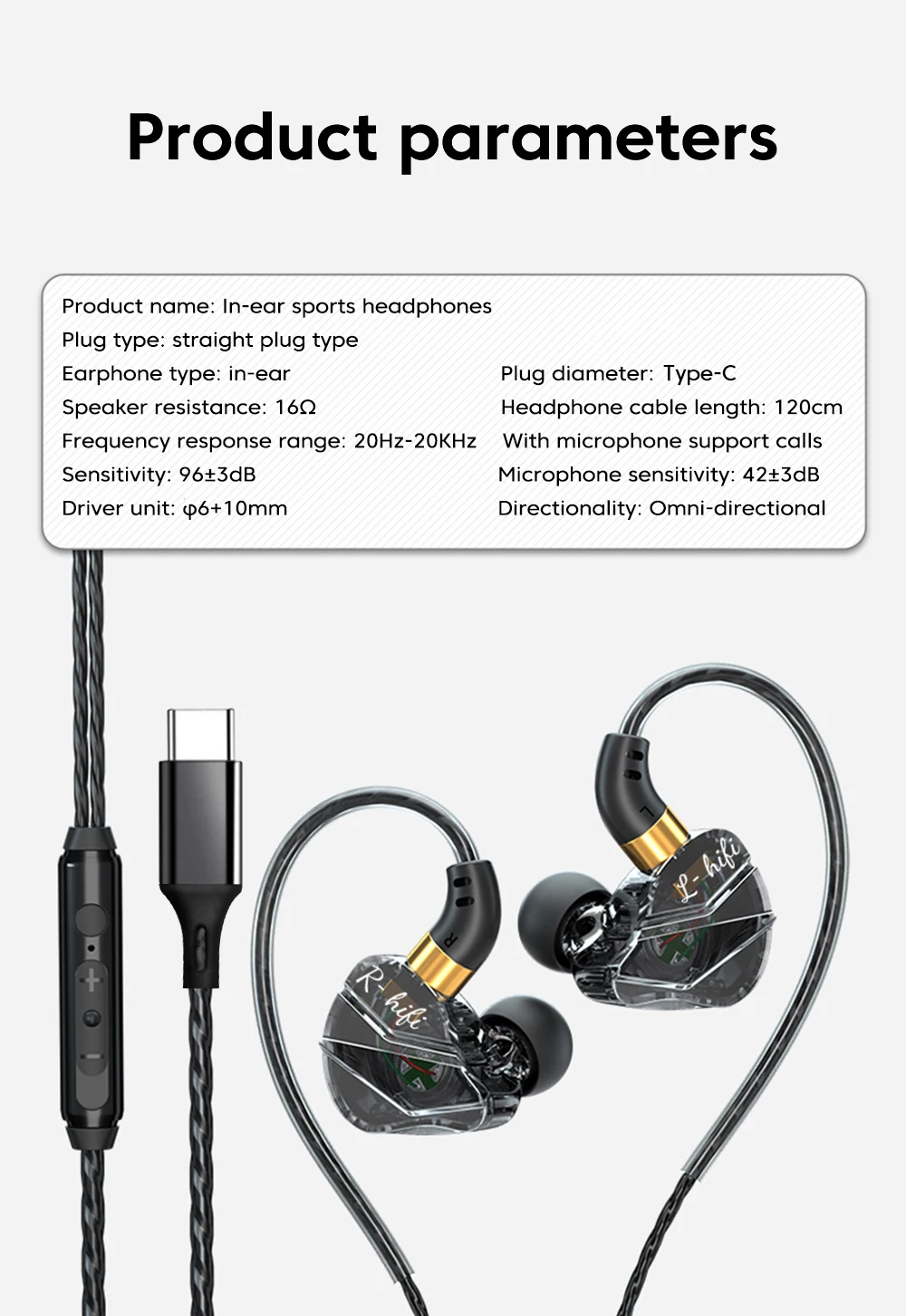 Type-C Wired Headphones In-Ear Sports Heavy Bass Gaming Earphones With Mic Volume Adjustment Call Line Control Cellphones Earbud