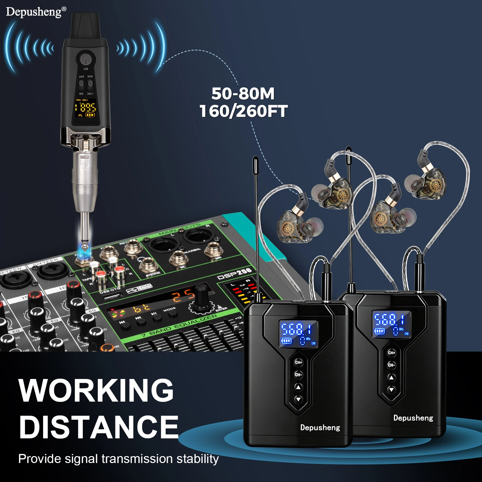 Depusheng DE4 Wireless Ear Monitor System with Transmitter Clip on Receiver Automatic Pairing In-Ear Monitoring for Studio,DJ