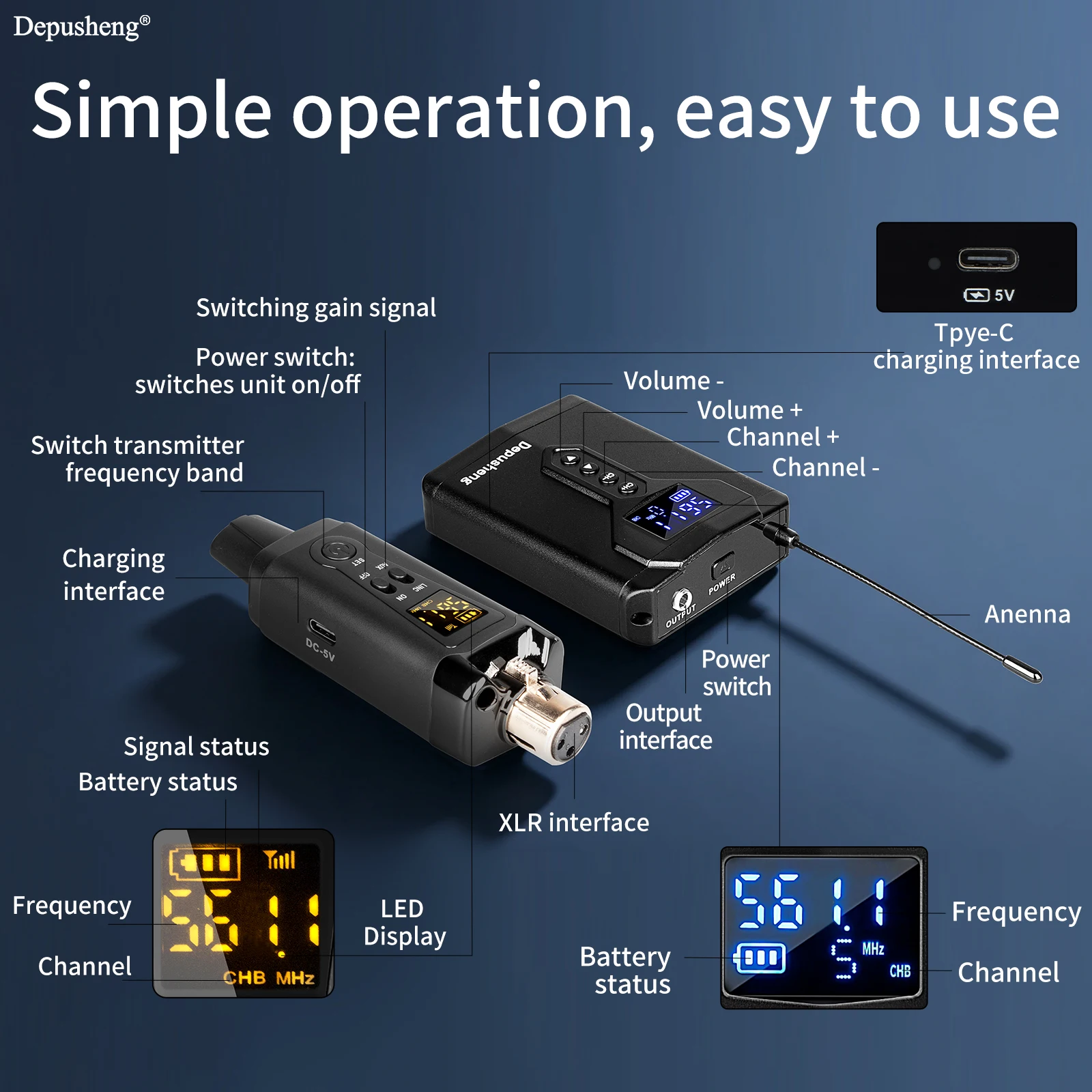 Depusheng DE4 Wireless Ear Monitor System with Transmitter Clip on Receiver Automatic Pairing In-Ear Monitoring for Studio,DJ