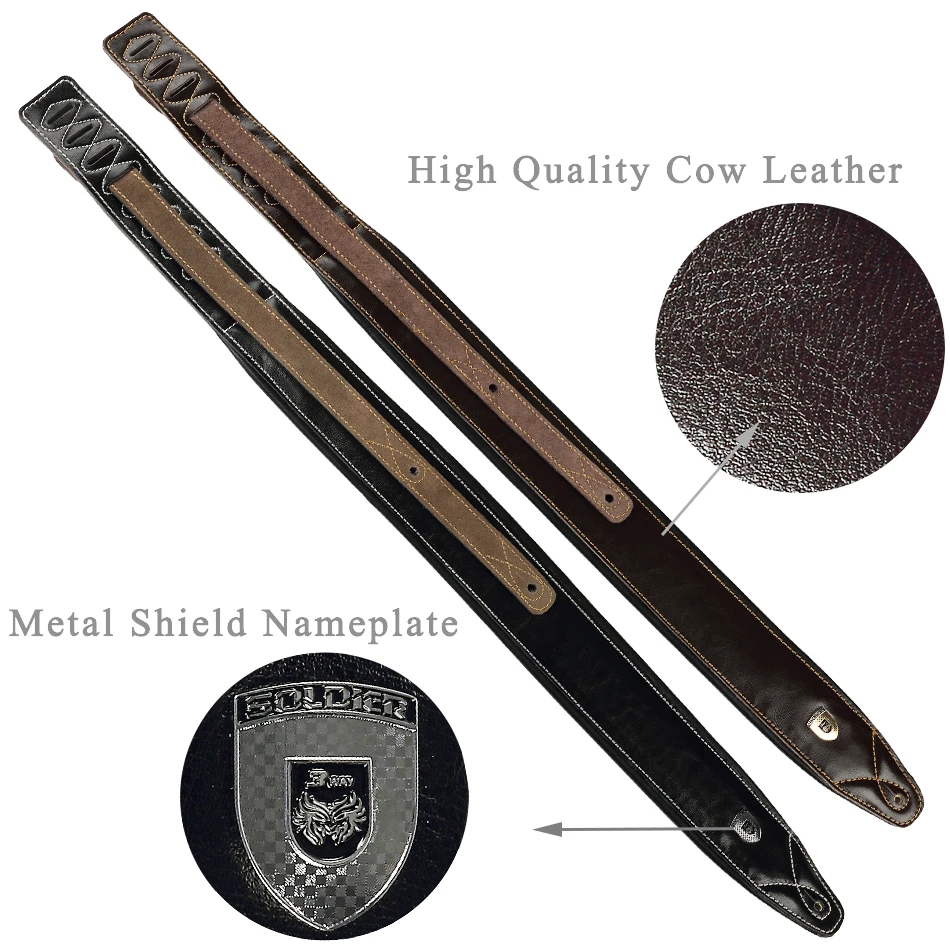 Soldier High Quality Genuine Leather Real Cowhide Guitar Strap for Electric Bass Guitar Adjustable Padded Belt Black Browm Color