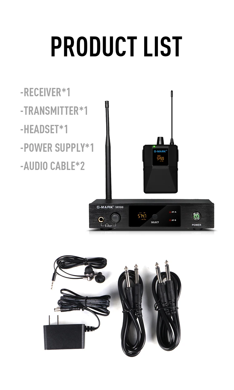 Wireless In Ear Monitor G-MARK SR100 UHF Stage Return Studio Frequency Selectable For Guitar Band Performance DJ Party
