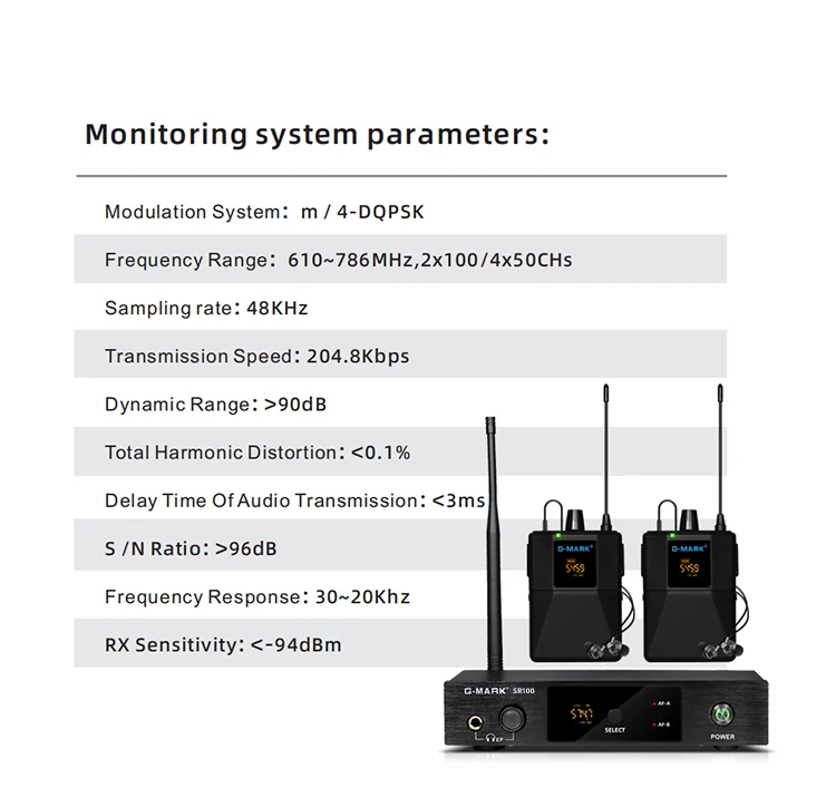 Wireless In Ear Monitor G-MARK SR100 UHF Stage Return Studio Frequency Selectable For Guitar Band Performance DJ Party