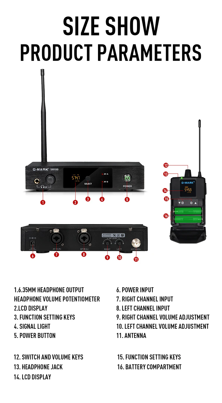 Wireless In Ear Monitor G-MARK SR100 UHF Stage Return Studio Frequency Selectable For Guitar Band Performance DJ Party
