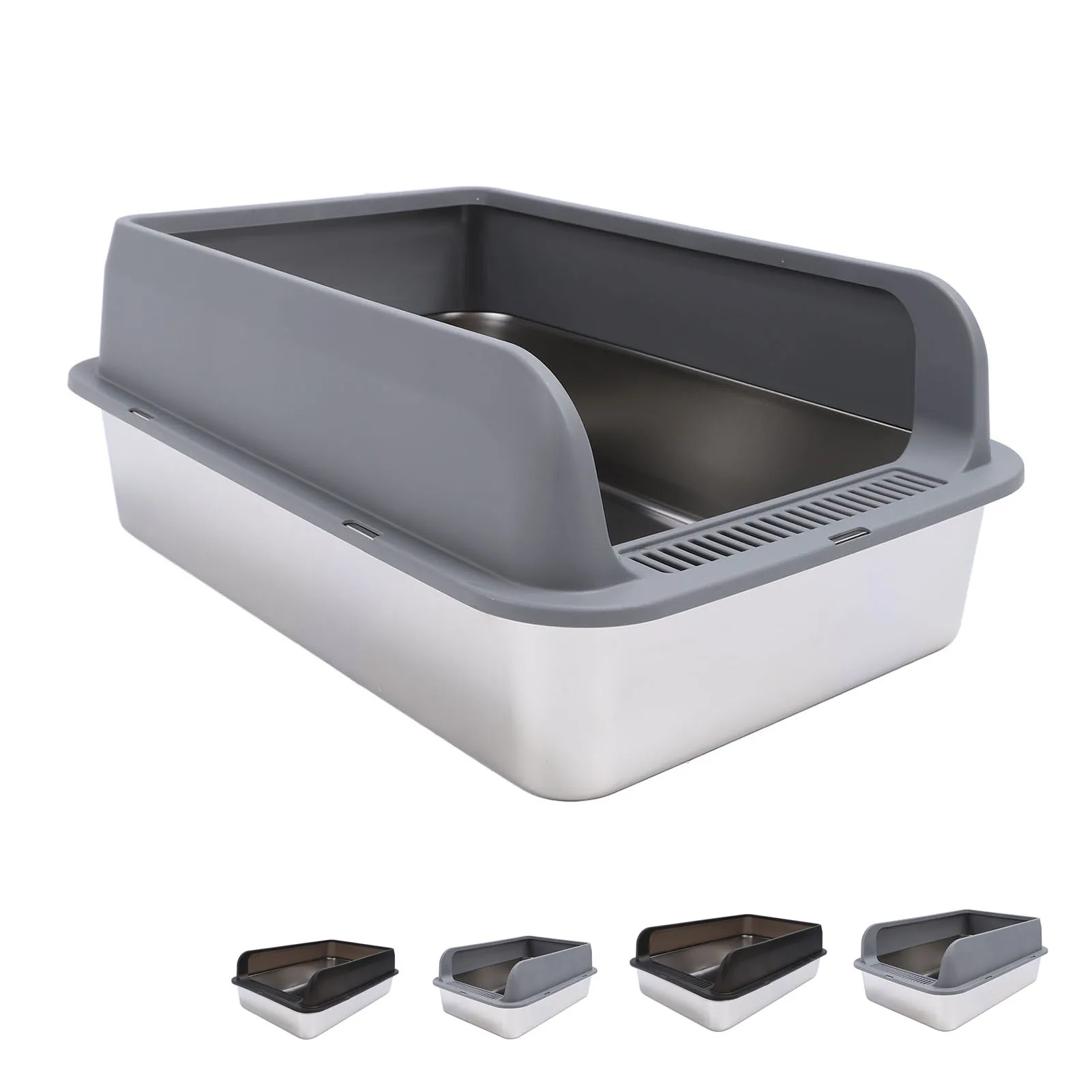 Cat Litter Box Stainless Steel Anti Splashing Odorless Easy to Clean High Sides Semi Enclosed Cat Litter Box with Lid for Cats