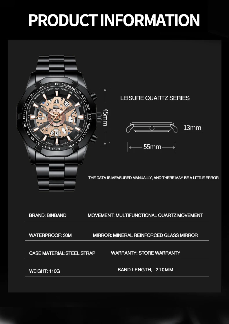 BINBOND Luxury Hollow-Out Quartz Wristwatch For Men Luminous Waterproof Men's Watch Business Sport Fashion Reloj Hommes