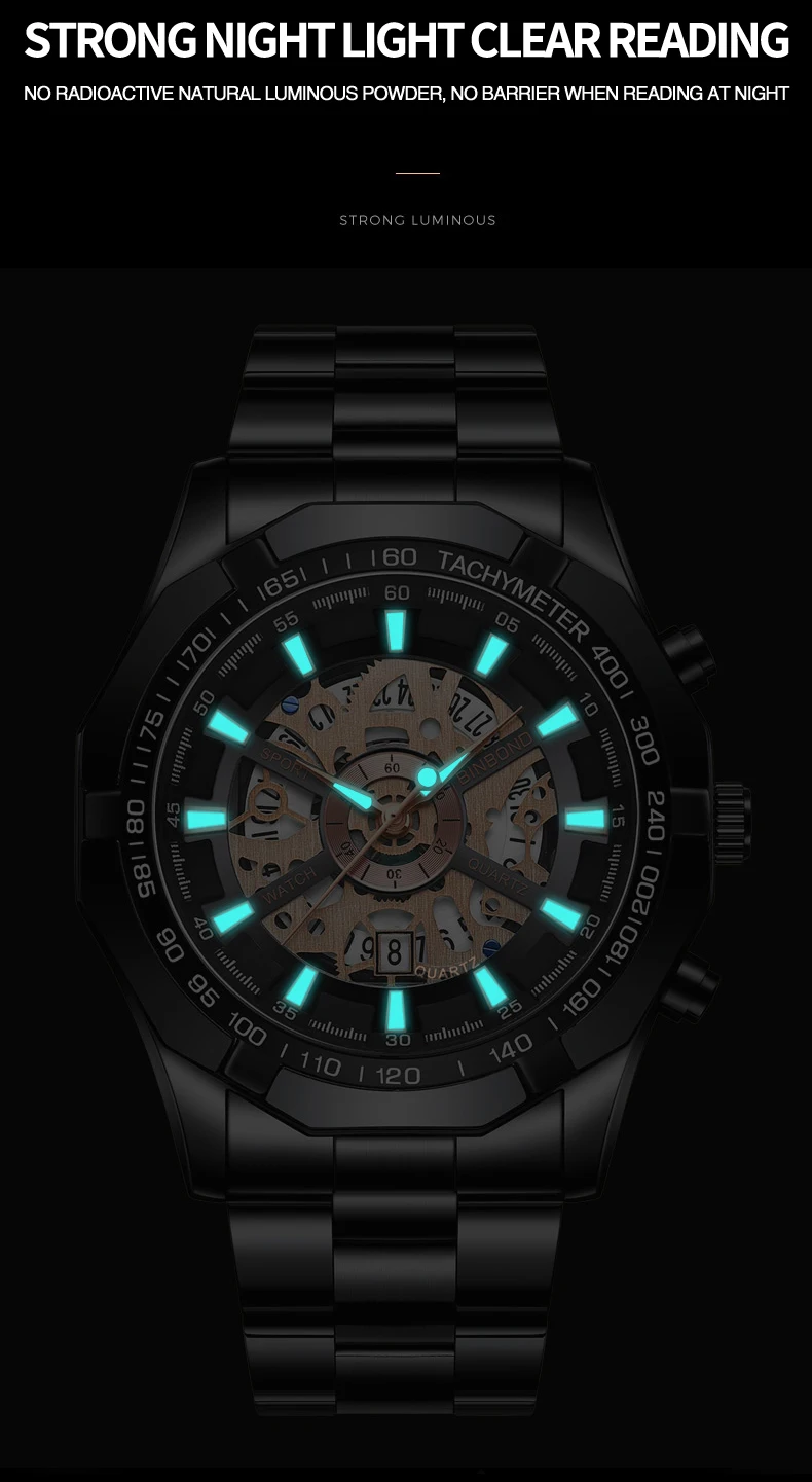 BINBOND Luxury Hollow-Out Quartz Wristwatch For Men Luminous Waterproof Men's Watch Business Sport Fashion Reloj Hommes