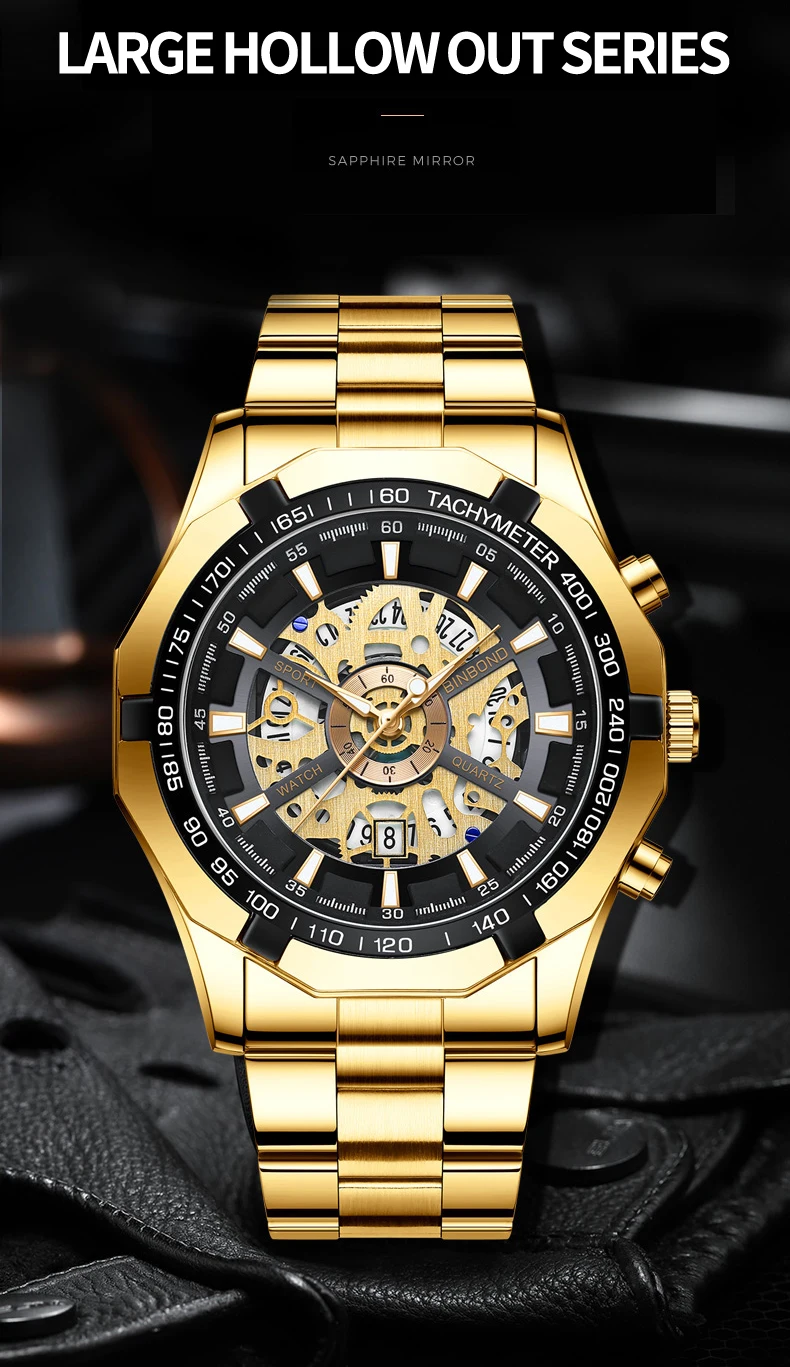 BINBOND Luxury Hollow-Out Quartz Wristwatch For Men Luminous Waterproof Men's Watch Business Sport Fashion Reloj Hommes