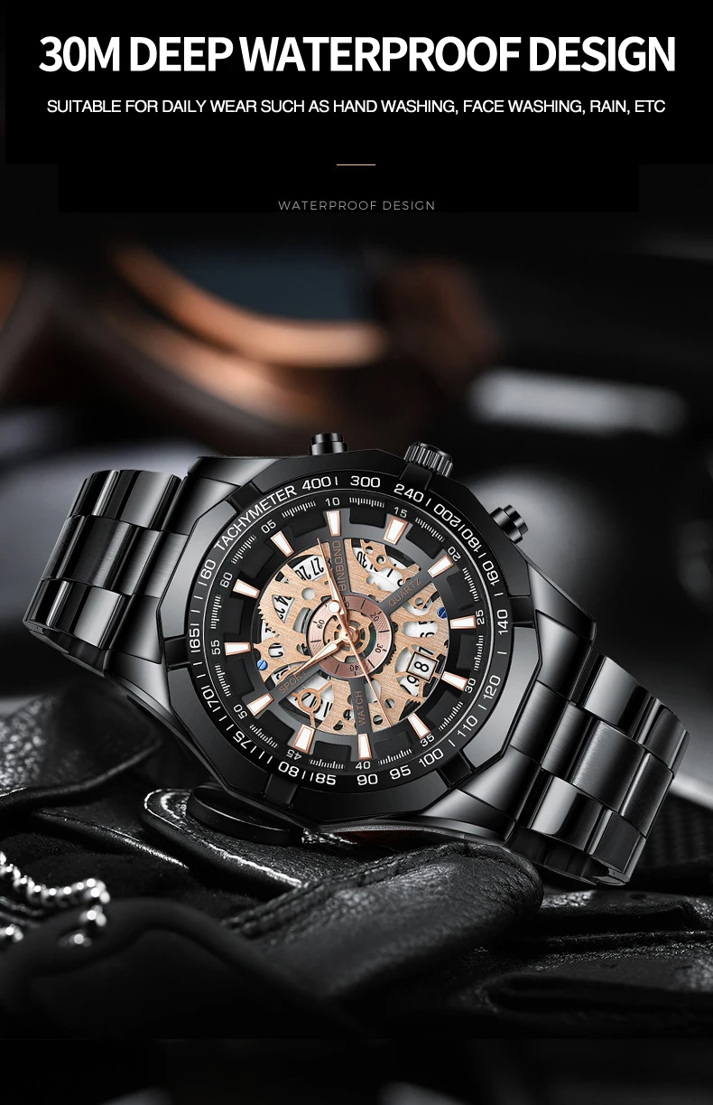 BINBOND Luxury Hollow-Out Quartz Wristwatch For Men Luminous Waterproof Men's Watch Business Sport Fashion Reloj Hommes