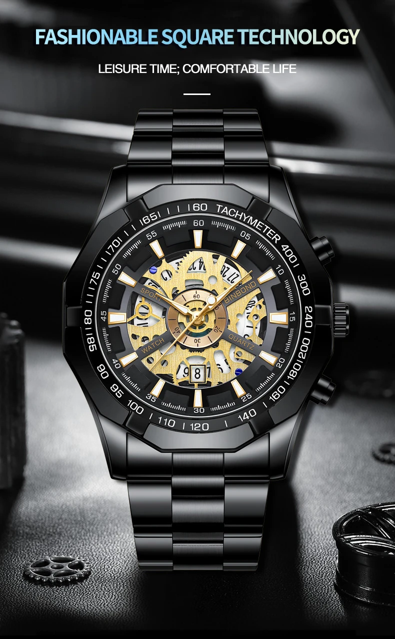 BINBOND Luxury Hollow-Out Quartz Wristwatch For Men Luminous Waterproof Men's Watch Business Sport Fashion Reloj Hommes