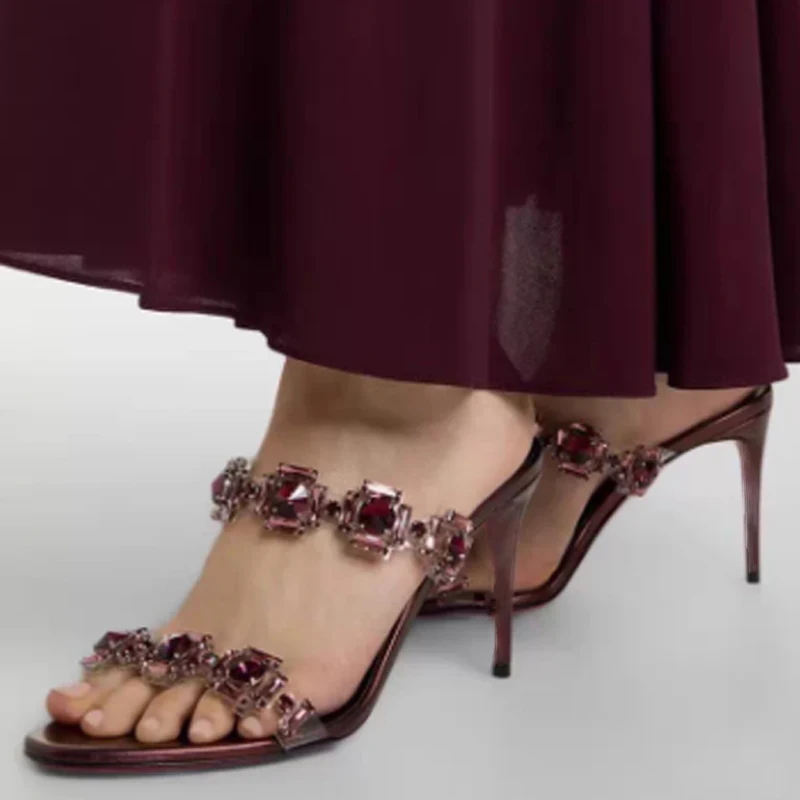 Purple Rhinestone Open Toe Stiletto Slippers Woman Summer 2026 Sliver High Heel Sandals Party Wedding Dress Shoes Fashion Pumps