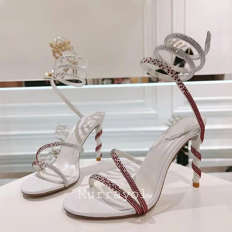 Glitter Crystal Decor High Thin Heels Sandals Women Shiny Snake Shaped Elastic Strap Design Sandalias Summer Party Dress Shoes