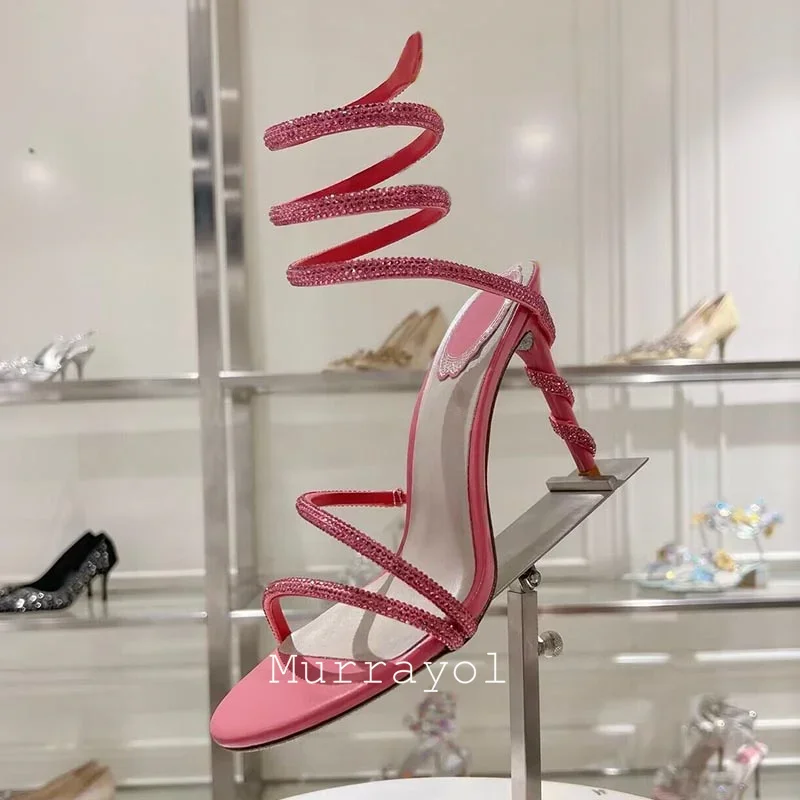 Glitter Crystal Decor High Thin Heels Sandals Women Shiny Snake Shaped Elastic Strap Design Sandalias Summer Party Dress Shoes