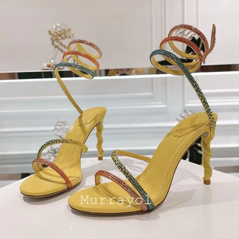 Glitter Crystal Decor High Thin Heels Sandals Women Shiny Snake Shaped Elastic Strap Design Sandalias Summer Party Dress Shoes