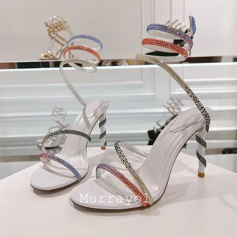 Glitter Crystal Decor High Thin Heels Sandals Women Shiny Snake Shaped Elastic Strap Design Sandalias Summer Party Dress Shoes