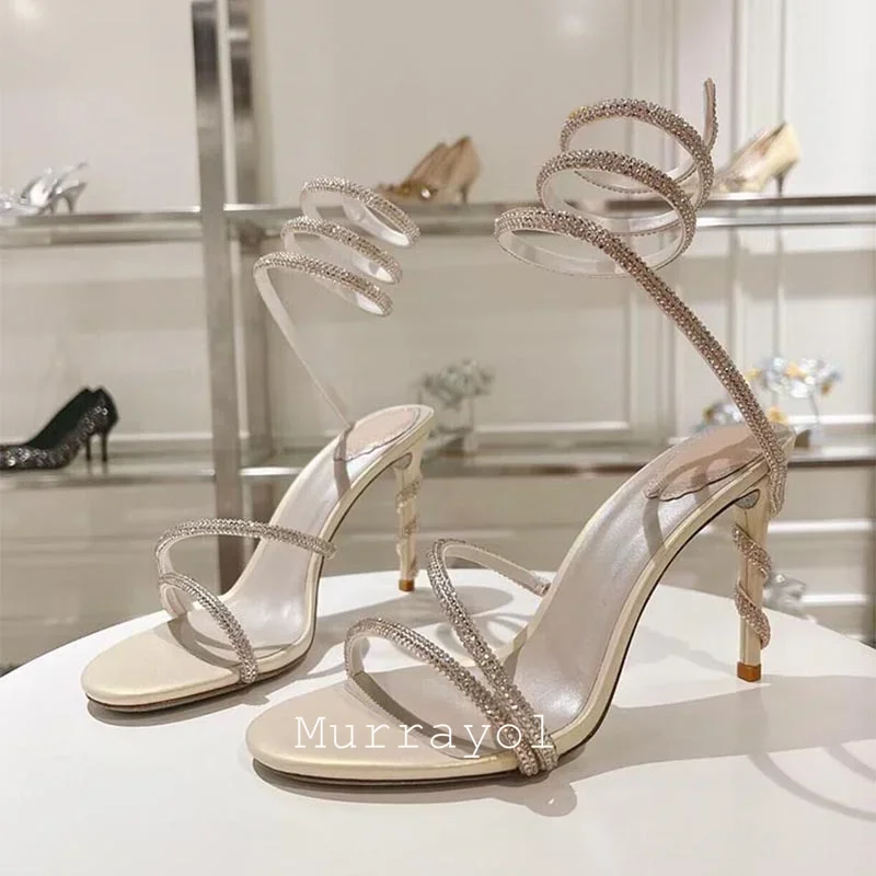 Glitter Crystal Decor High Thin Heels Sandals Women Shiny Snake Shaped Elastic Strap Design Sandalias Summer Party Dress Shoes