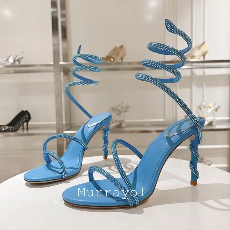 Glitter Crystal Decor High Thin Heels Sandals Women Shiny Snake Shaped Elastic Strap Design Sandalias Summer Party Dress Shoes