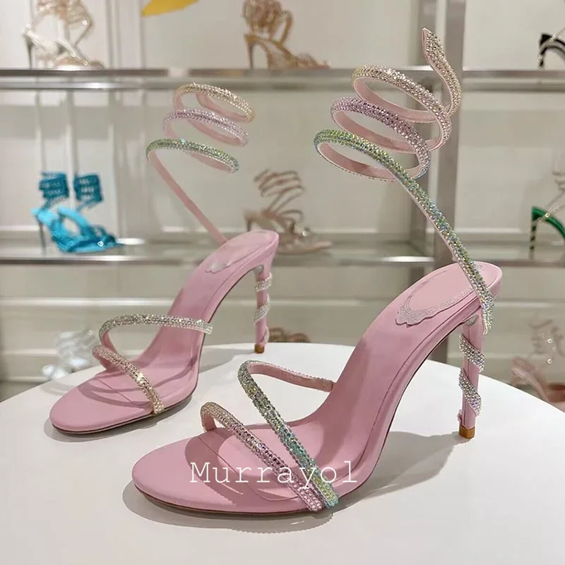 Glitter Crystal Decor High Thin Heels Sandals Women Shiny Snake Shaped Elastic Strap Design Sandalias Summer Party Dress Shoes