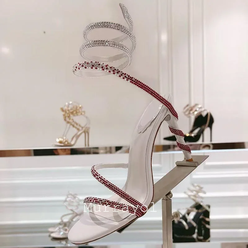 Glitter Crystal Decor High Thin Heels Sandals Women Shiny Snake Shaped Elastic Strap Design Sandalias Summer Party Dress Shoes