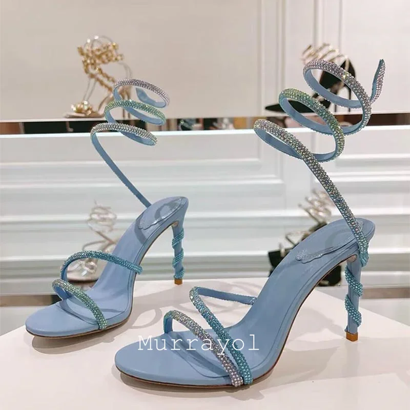 Glitter Crystal Decor High Thin Heels Sandals Women Shiny Snake Shaped Elastic Strap Design Sandalias Summer Party Dress Shoes