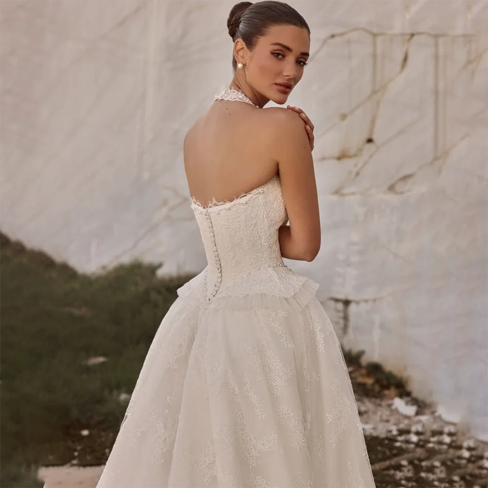 Luxury Lace Wedding Dresses for Women Halter Deep V Neck Sleeveless Ball Gown Floor Length Elegant Bridal Gowns Customized