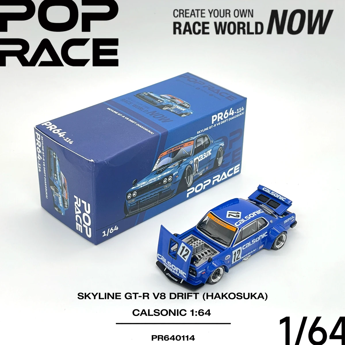 Pop Race 1:64 Skyline GT‑R V8 Drift Hakosuka Calsonic Open Hood & Trunk PR640114 Collectible Model Vehicles Alloy In Stock