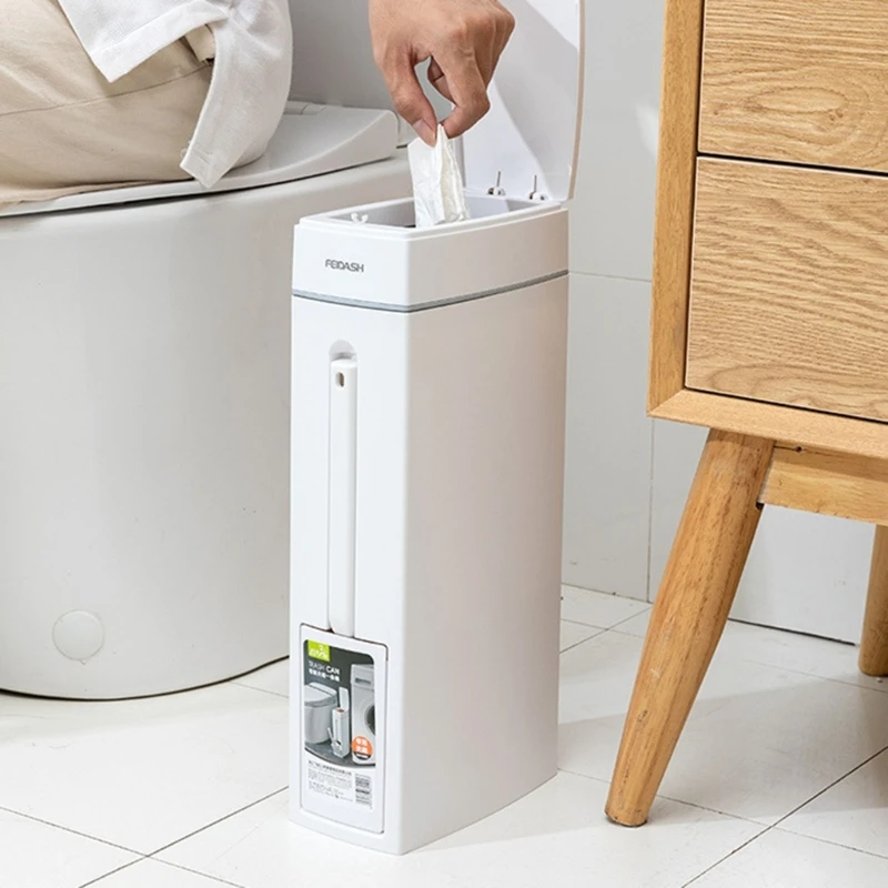 Narrow Bathroom Trash Can with Toilet Brush 4.5L Press-type Waste Bin Dustbin Kitchen Garbage Bucket Household Cleaning